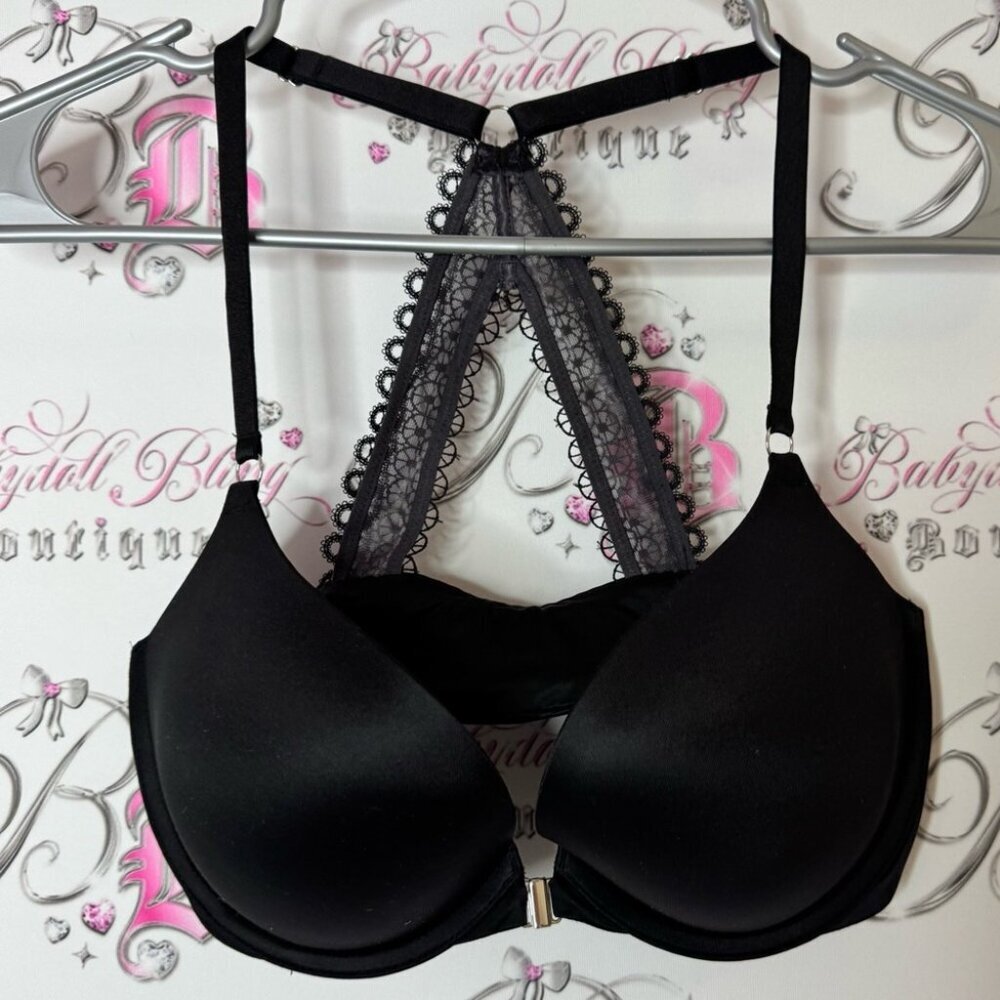 Victoria secret bra Black Satin Lace Push-Up Bra racer back front closure metal
